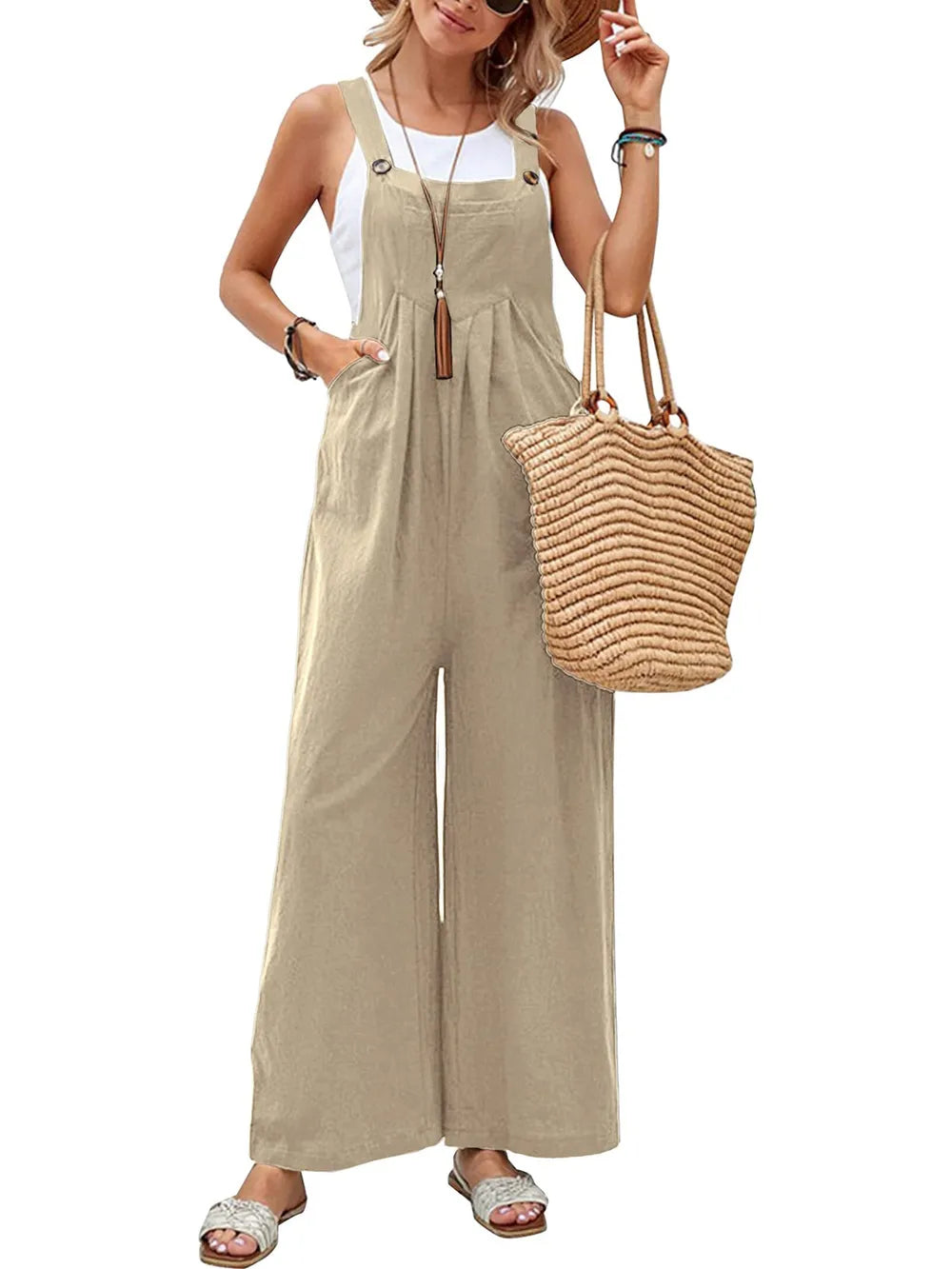 Women's Square-Neck Wide-Strap Overalls