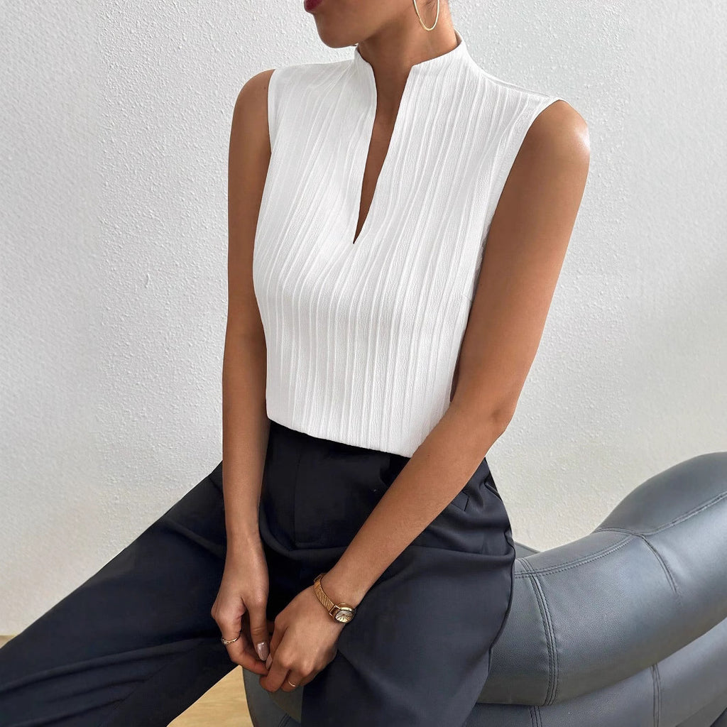 European and American Style Women's Top Pure Color V-neck Slim Fit Sleeveless Textured Short-sleeve Casual T-shirt