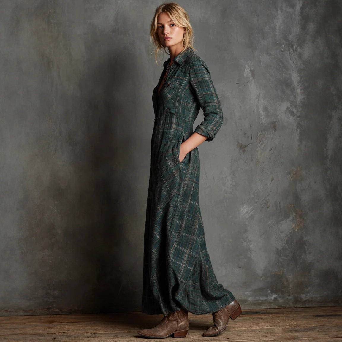 Becimi Women's Plaid Long Sleeve A-Line Dress