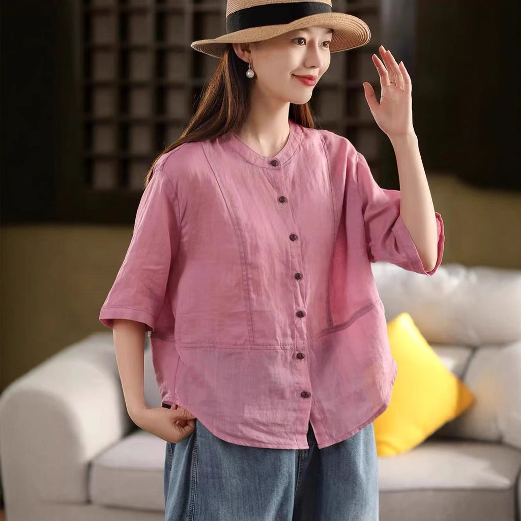 Retro High-Count Non-Sheer Ramie Shirt Women's Stand Collar Mid-Sleeve Blouse Three-Dimensional Splicing Top Thin Summer