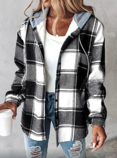 Women's Plaid Long Sleeve Hooded Coat