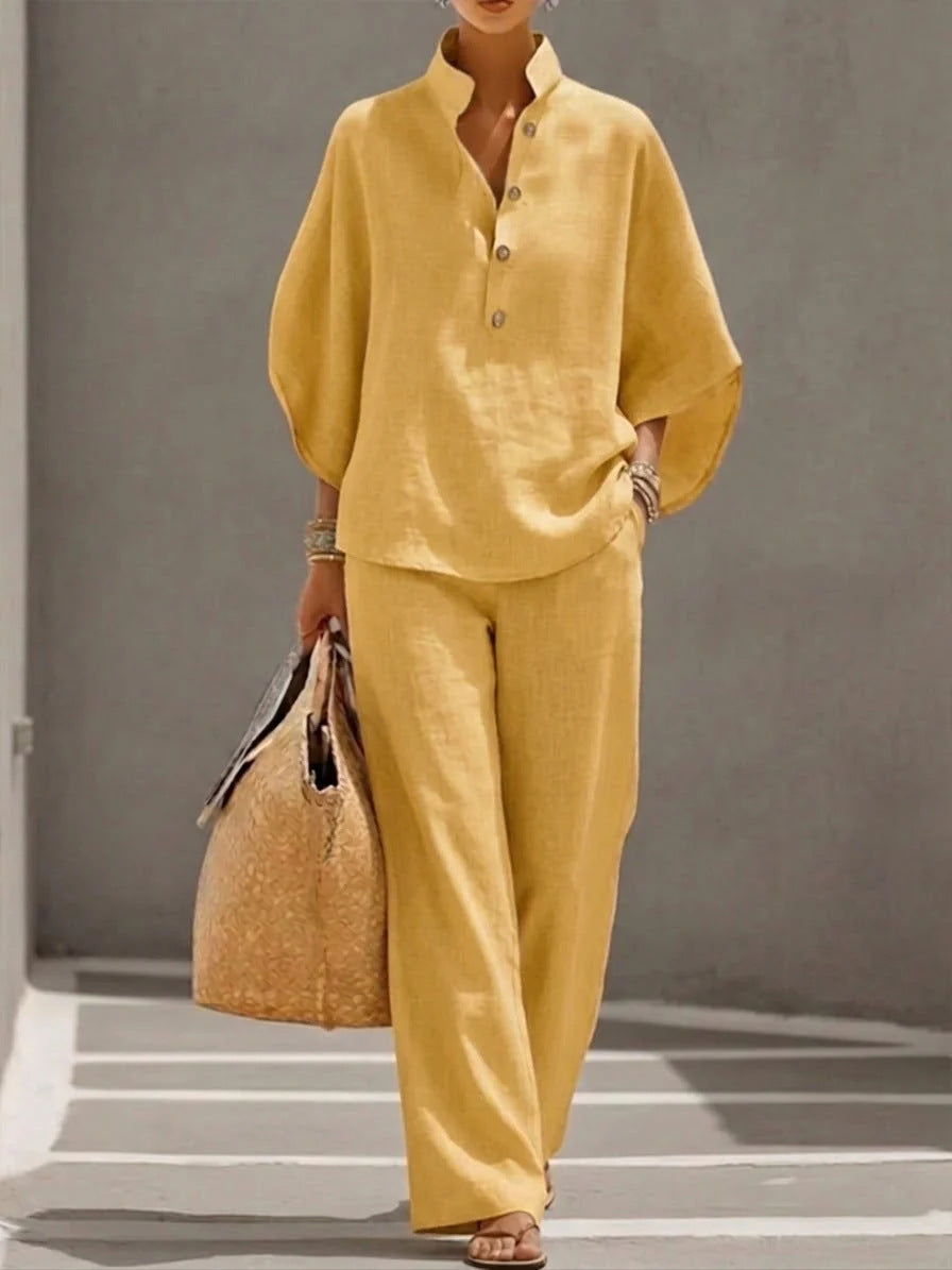 Women's V-Neck Top & Straight-Leg Pants Set