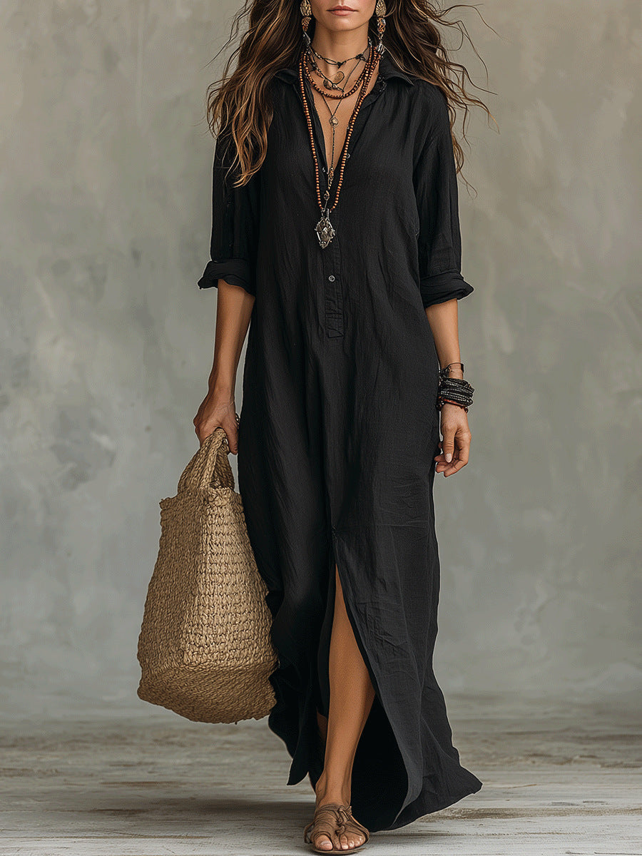 Women's Notch-Lapel Slit Shirt Dress