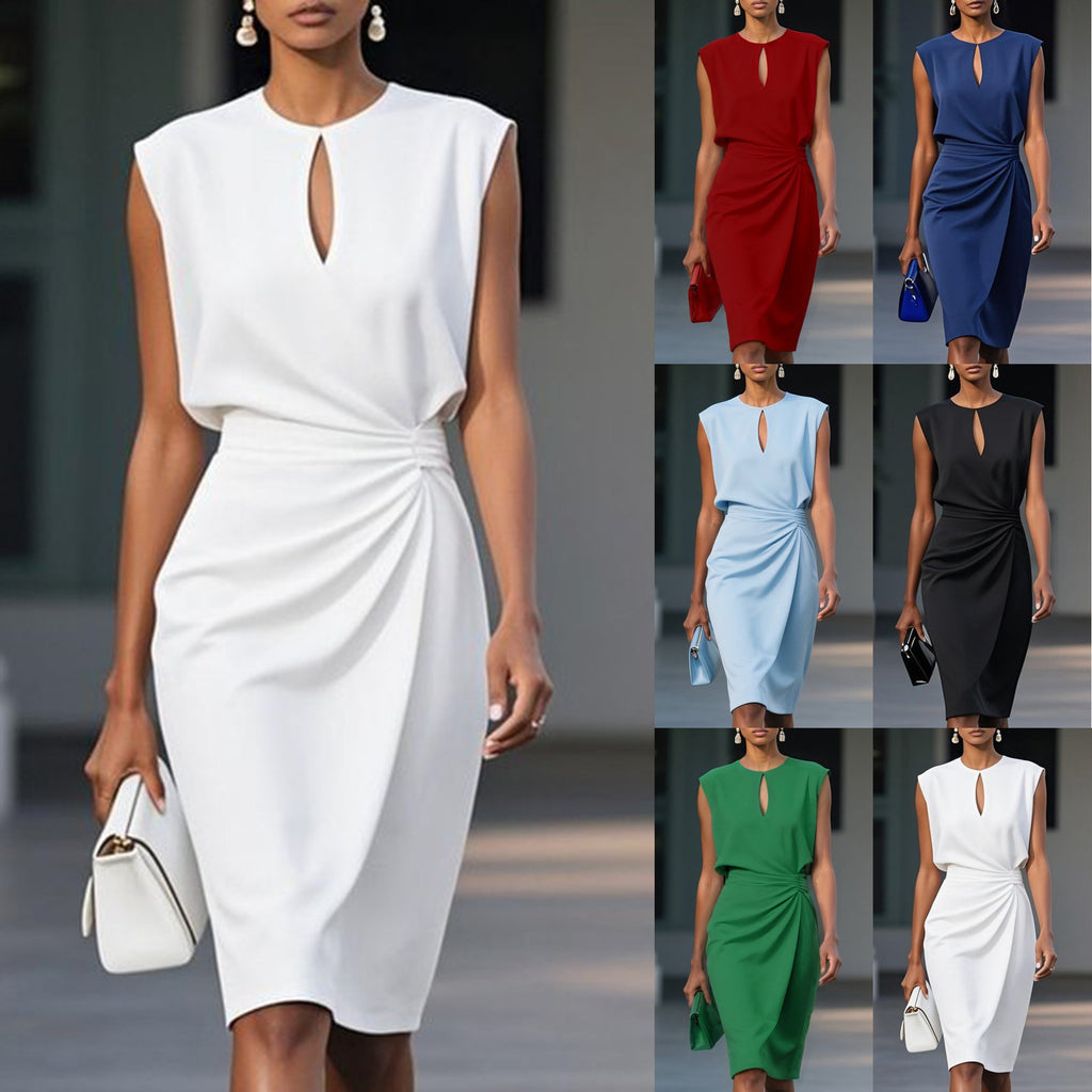 Solid color pleated waist cinched round neck hollow out women's dress