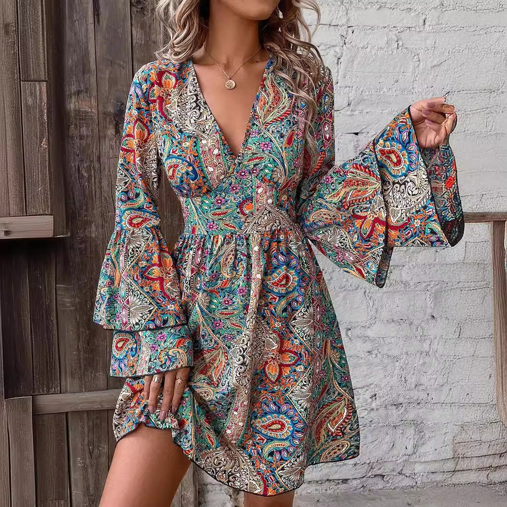 Becimi Women's V-Neck Floral Long Sleeve Dress