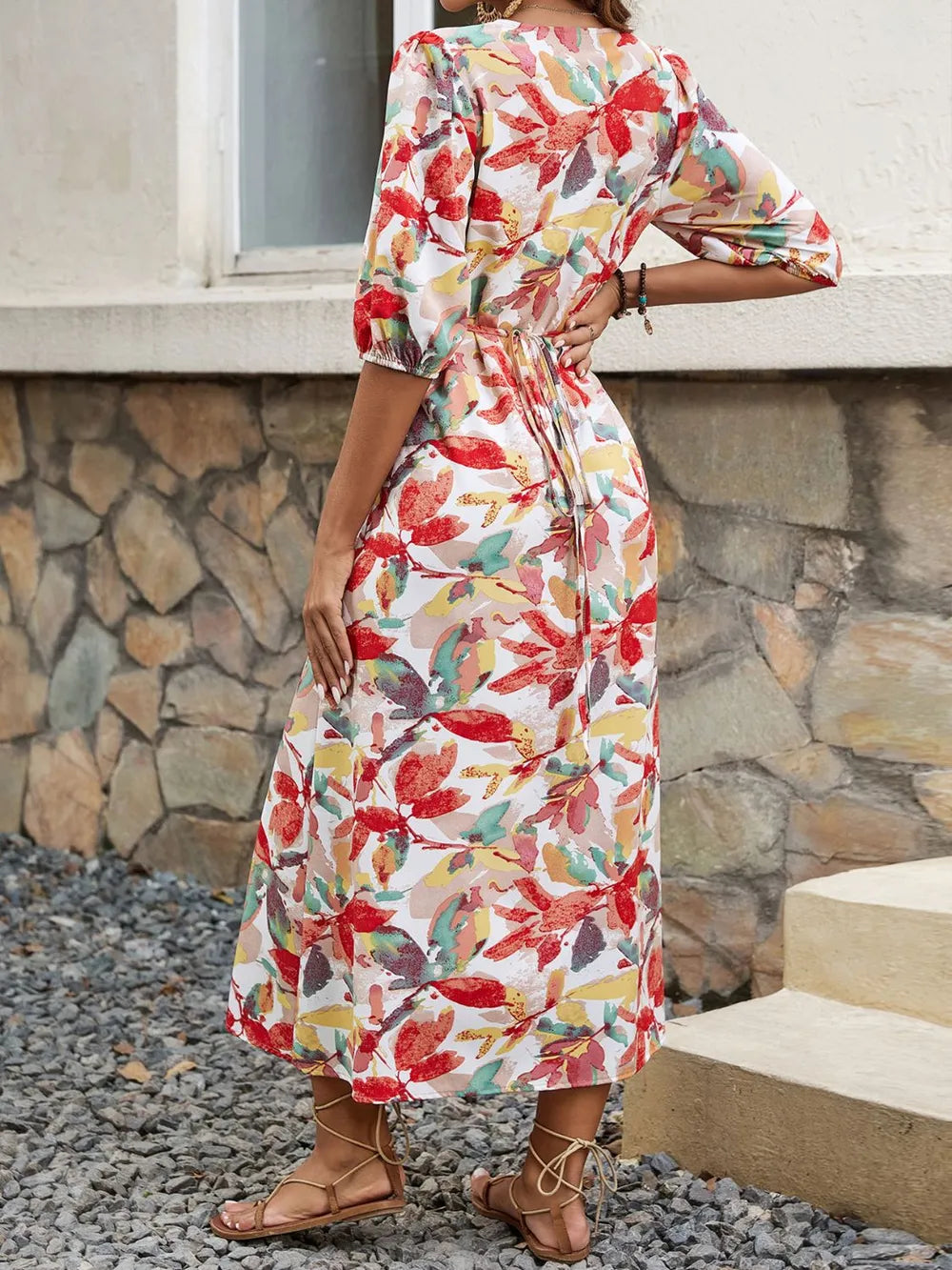 Women's Printed V-Neck Half-Sleeve Midi Dress