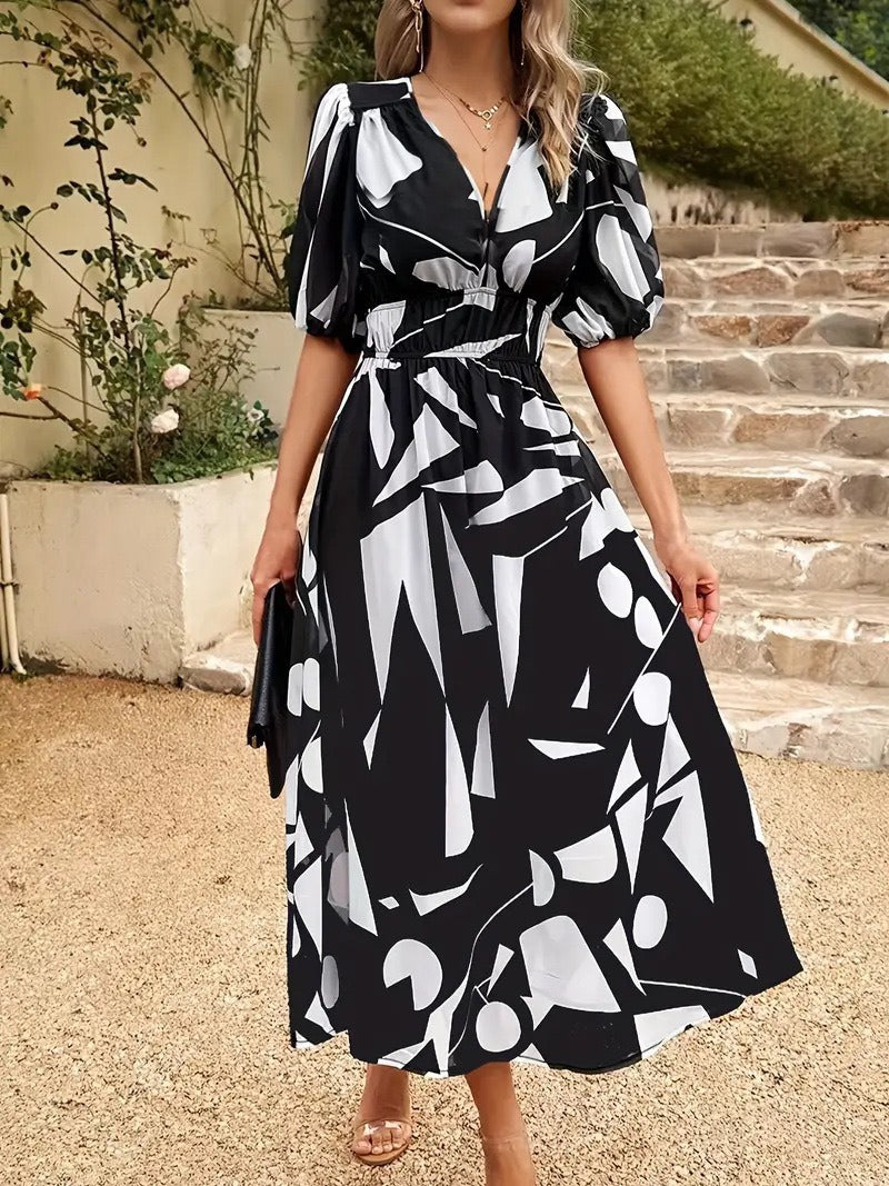 Women's Cinched-Waist Print Midi Dress
