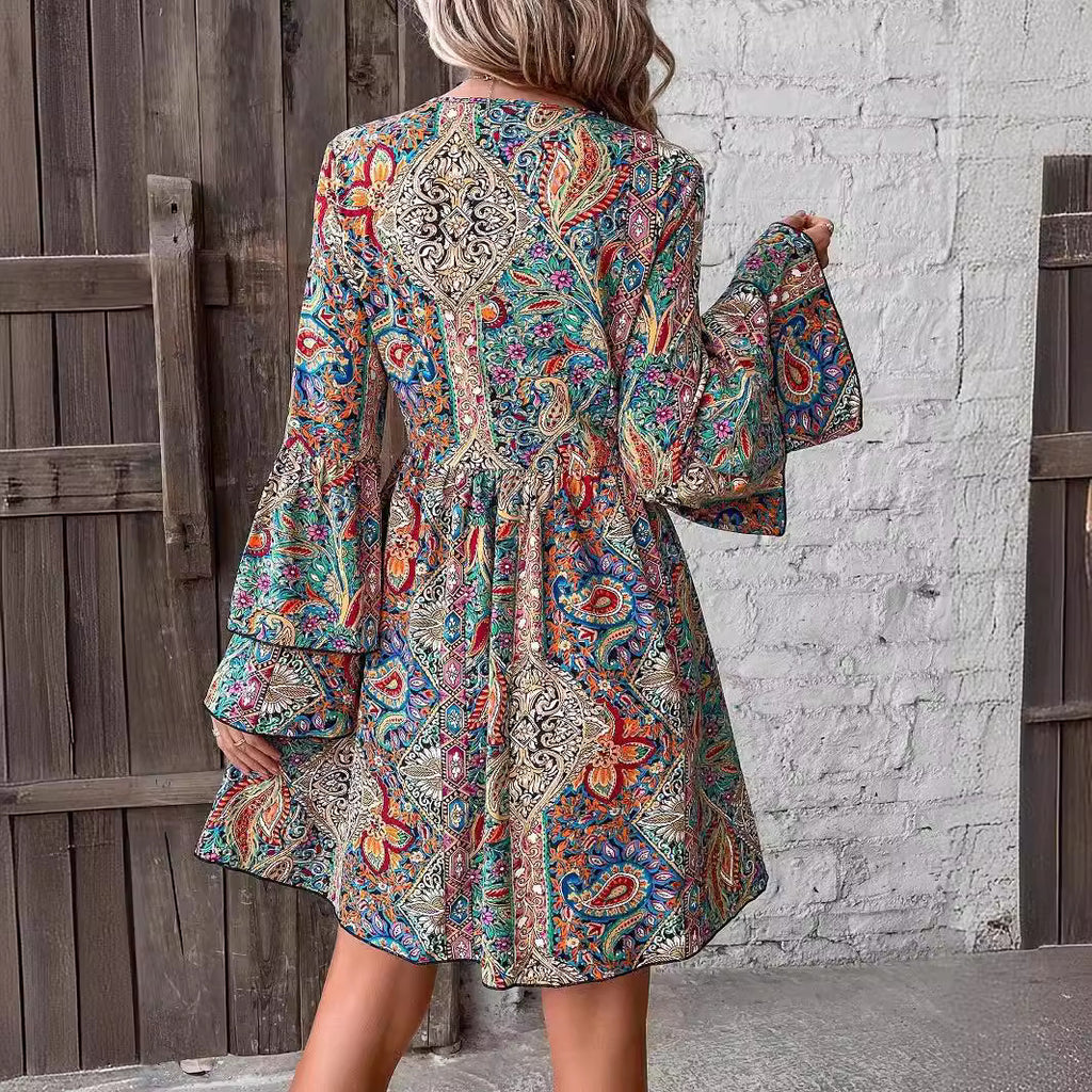 Becimi Women's V-Neck Floral Long Sleeve Dress