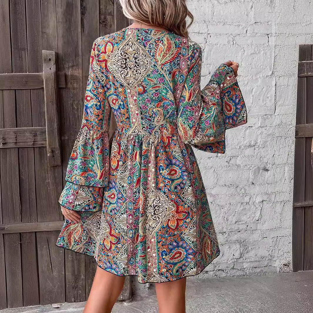 Becimi Women's V-Neck Floral Long Sleeve Dress