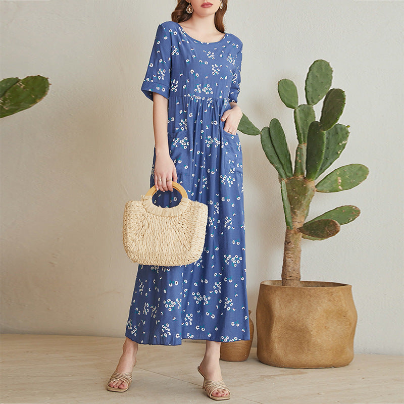 Dress Print Loose Hot Mom Comfortable Long Skirt Pocket Women's Dress