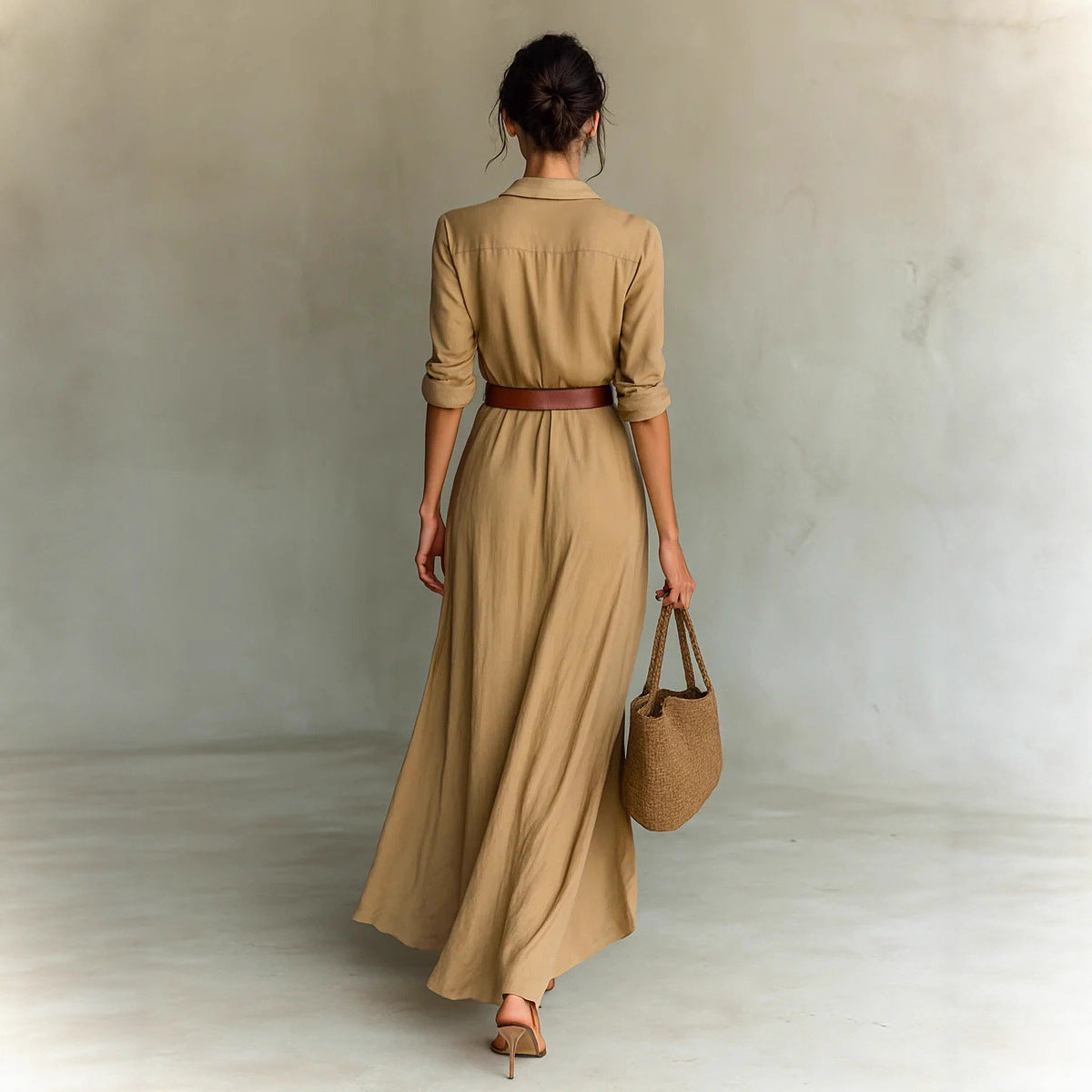 Becimi Women's Pleated Slit Long Sleeve Dress