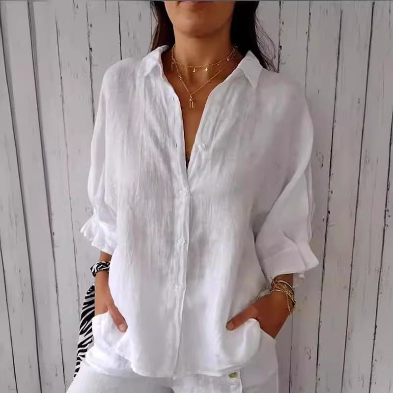 Women's Lace-Up Back Cotton-Linen Shirt