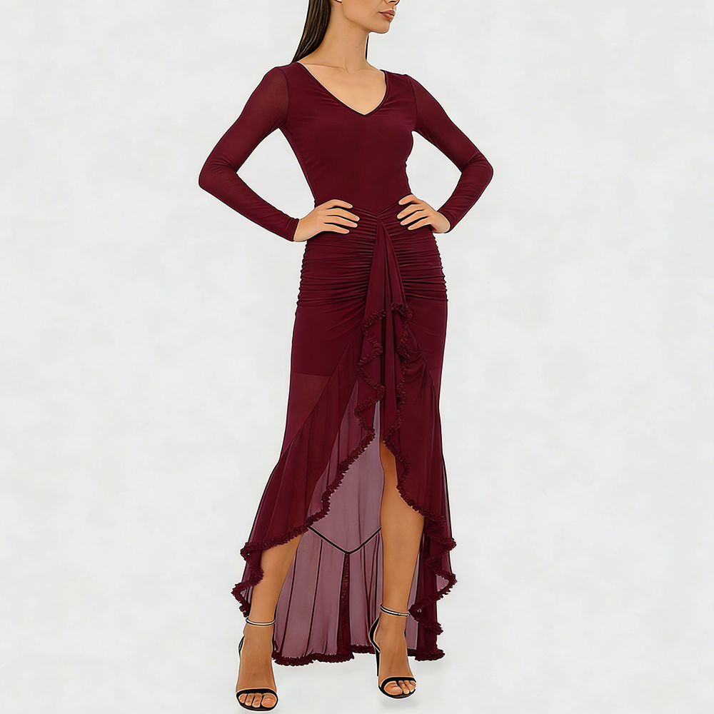 Becimi Women's Ruffle V-Neck Sheer Dress