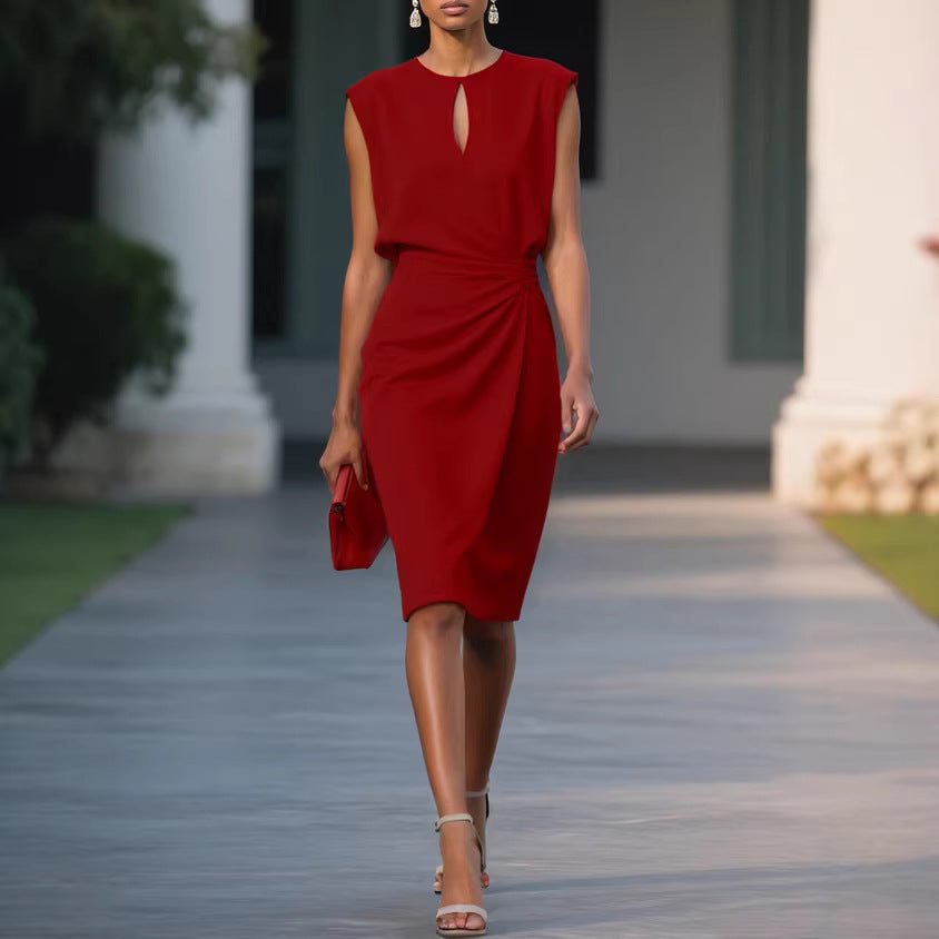 Solid color pleated waist cinched round neck hollow out women's dress