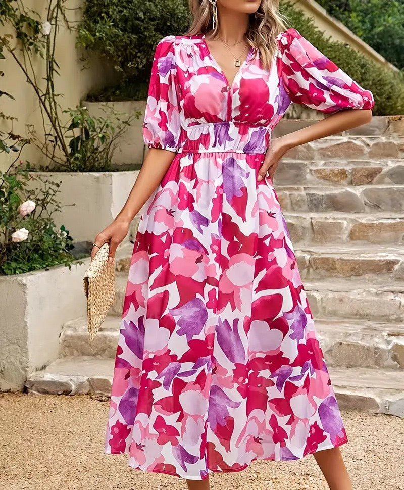 Women's Cinched-Waist Print Midi Dress
