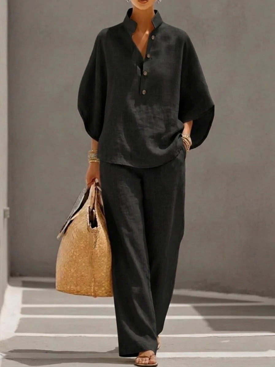 Women's V-Neck Top & Straight-Leg Pants Set