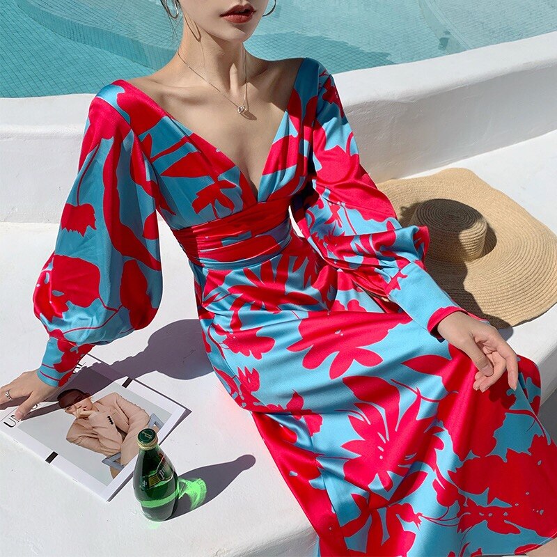 Becimi Women's Backless V-Neck Printed Dress