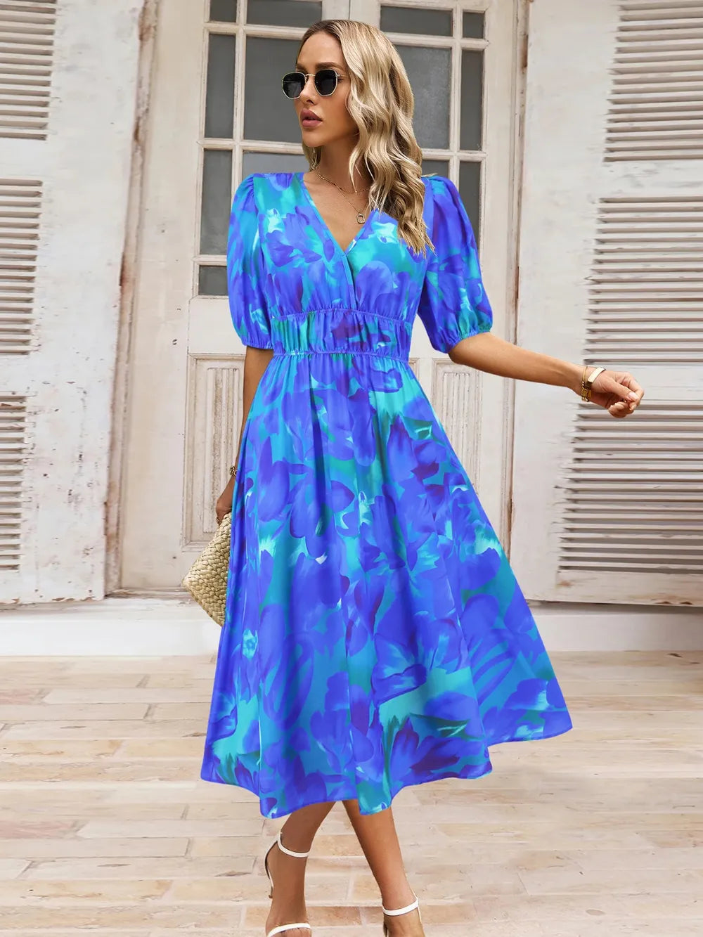 Women's Ruched Print Surplice Midi Dress
