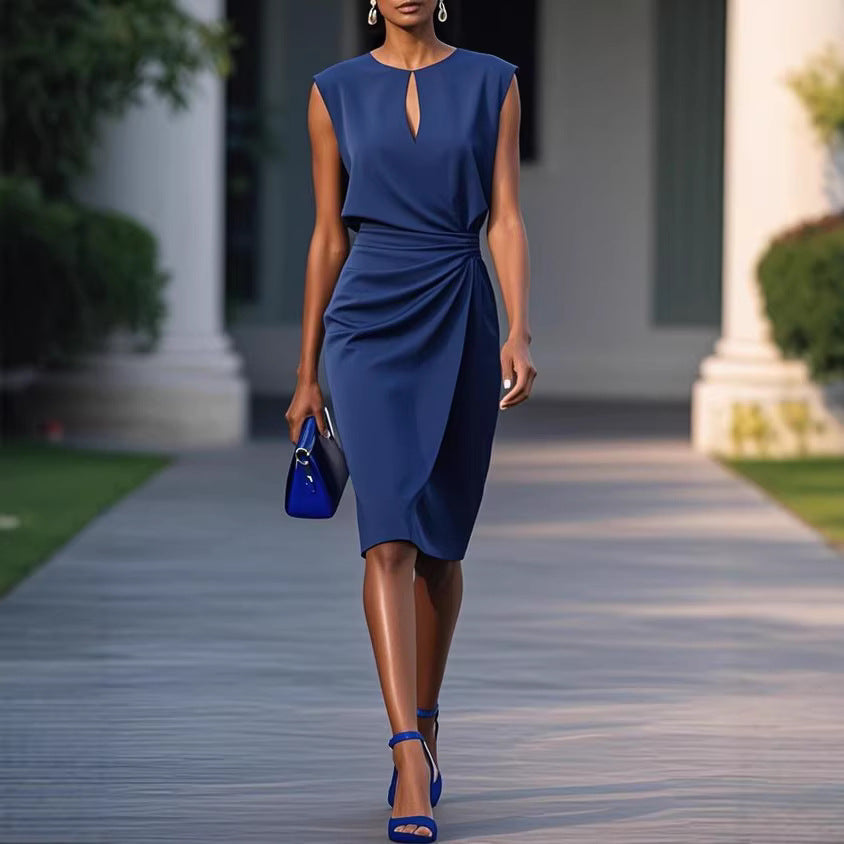 Women's Pleated Cutout Round-Neck Dress