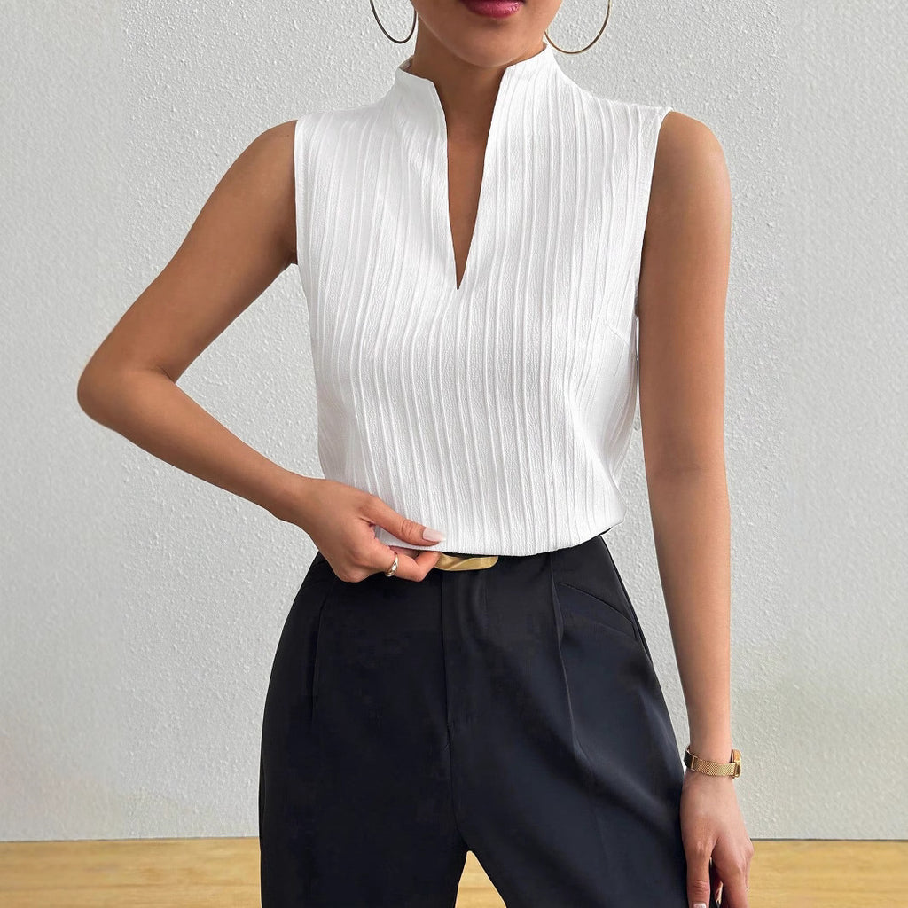 European and American Style Women's Top Pure Color V-neck Slim Fit Sleeveless Textured Short-sleeve Casual T-shirt
