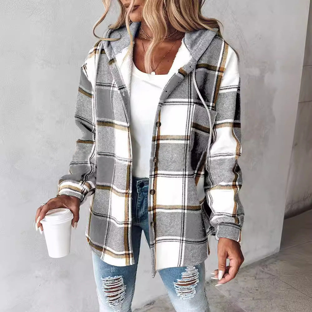 Women's Plaid Long Sleeve Hooded Coat