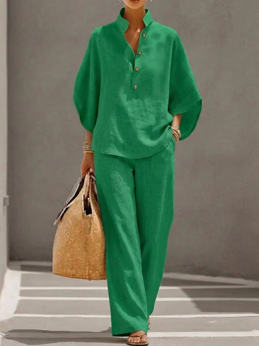 Women's V-Neck Top & Straight-Leg Pants Set