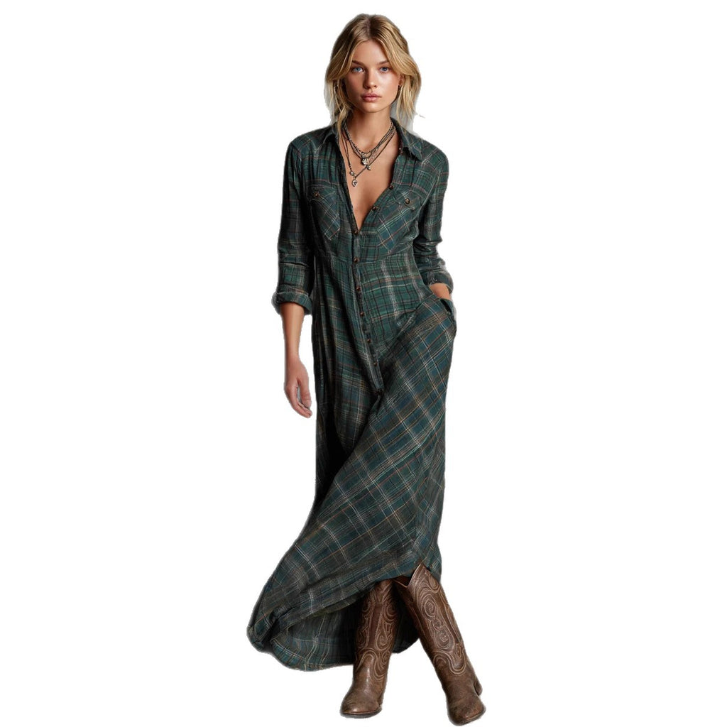 Becimi Women's Plaid Long Sleeve A-Line Dress