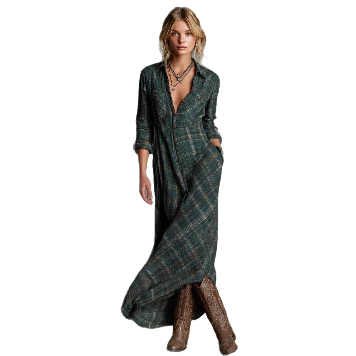 Becimi Women's Plaid Long Sleeve A-Line Dress