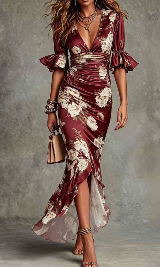 Women's Floral V-Neck Ruffle-Hem Maxi Dress