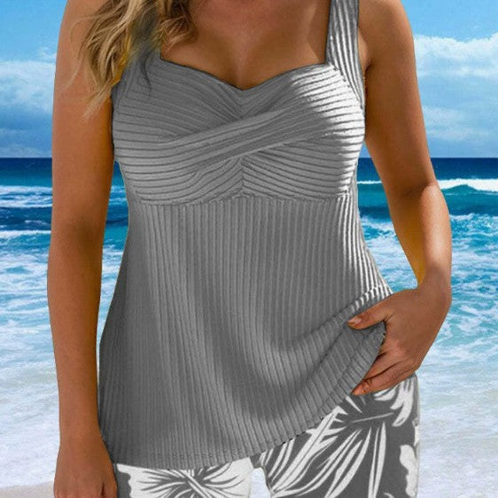 Elegant pit stripe fabric double shoulder skirt swimsuit