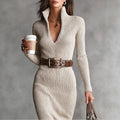 Becimi Women's Belted Long Sleeve Midi Dress