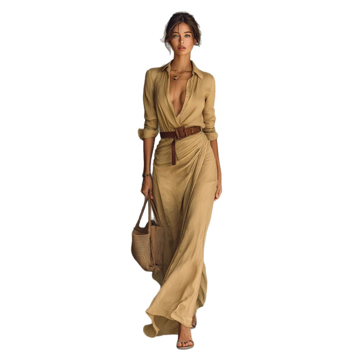 Becimi Women's Pleated Slit Long Sleeve Dress