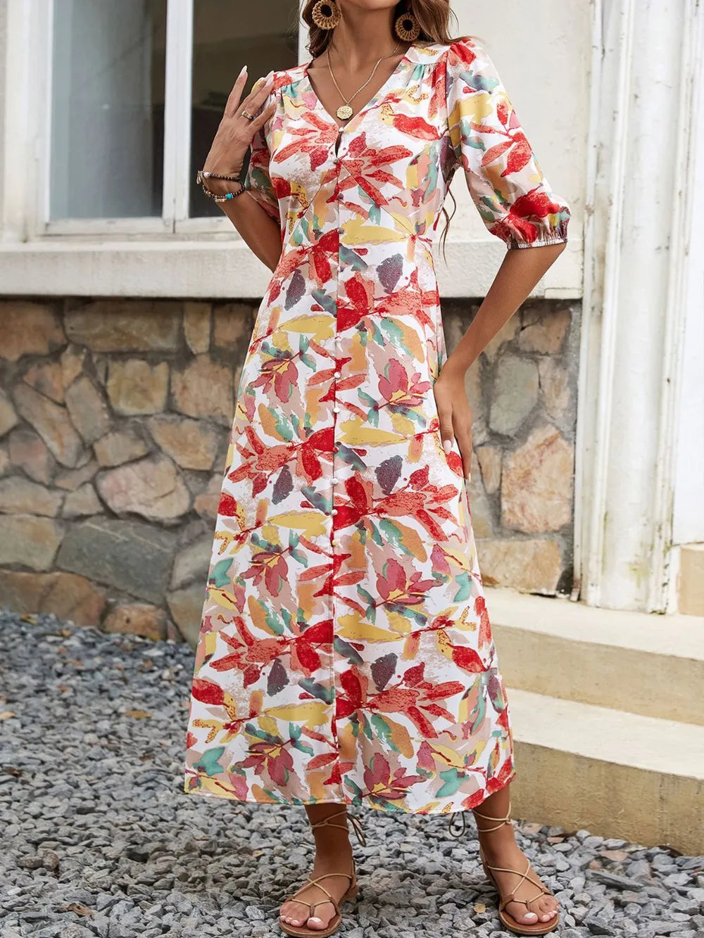 Women's Printed V-Neck Half-Sleeve Midi Dress