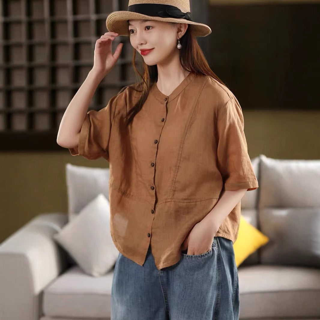 Women's Ramie Stand-Collar Mid-Sleeve Blouse