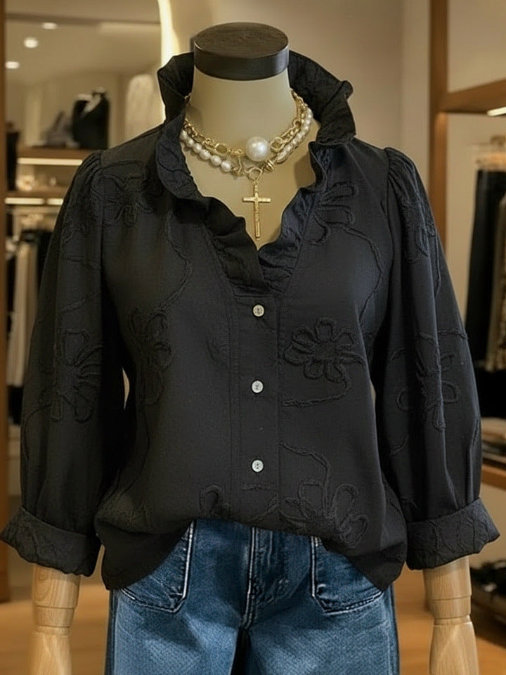 Women's Lace-Trim Printed Cotton-Linen Shirt