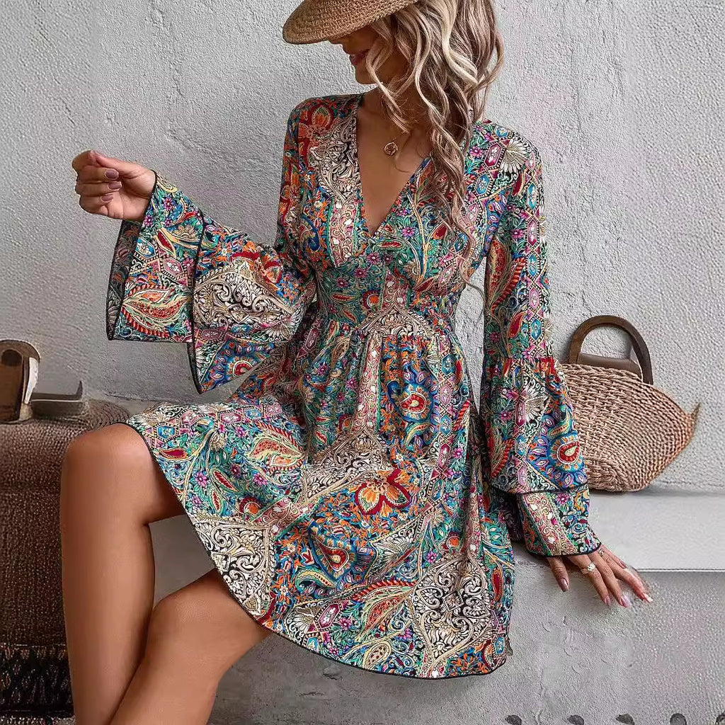 Becimi Women's V-Neck Floral Long Sleeve Dress