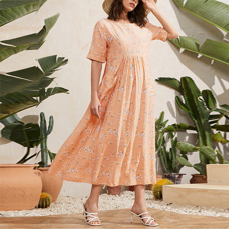 Dress Print Loose Hot Mom Comfortable Long Skirt Pocket Women's Dress