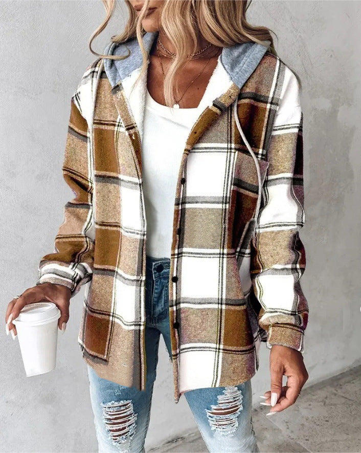 Women's Plaid Long Sleeve Hooded Coat