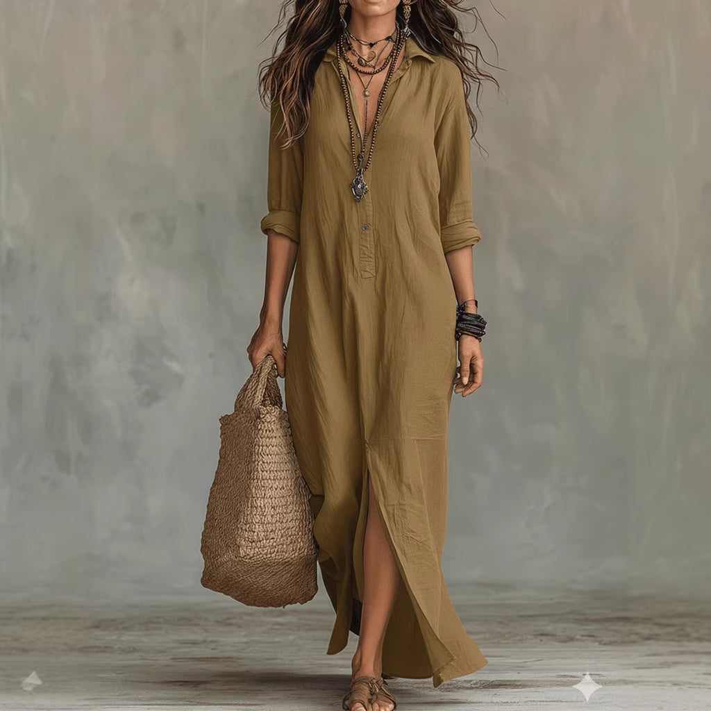 Women's Notch-Lapel Slit Shirt Dress