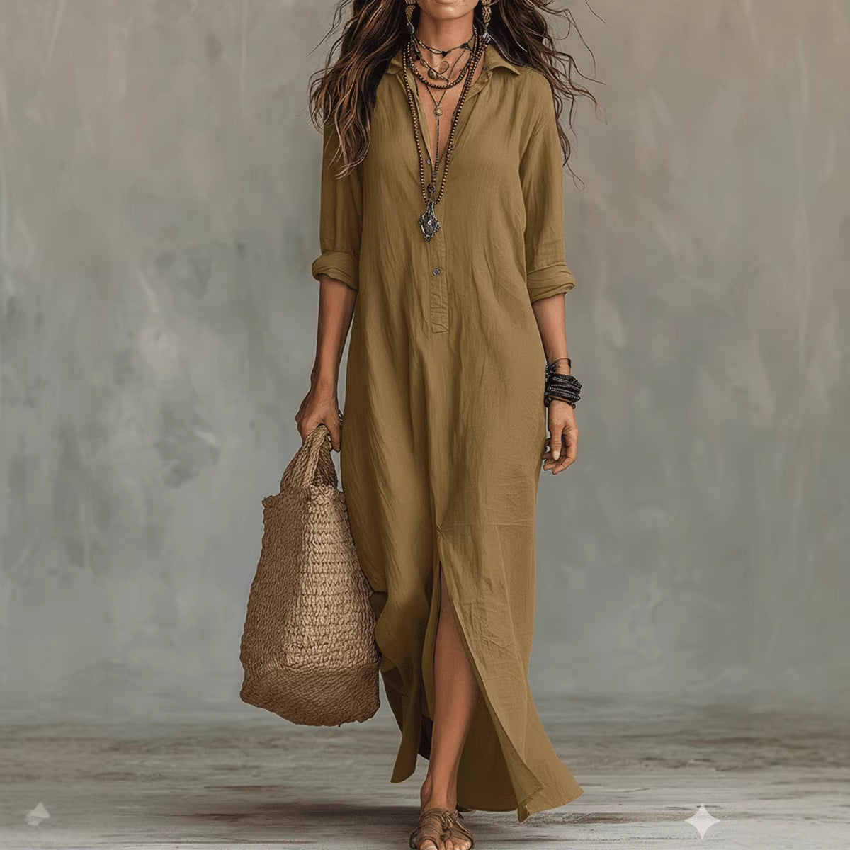 Women's Notch-Lapel Slit Shirt Dress