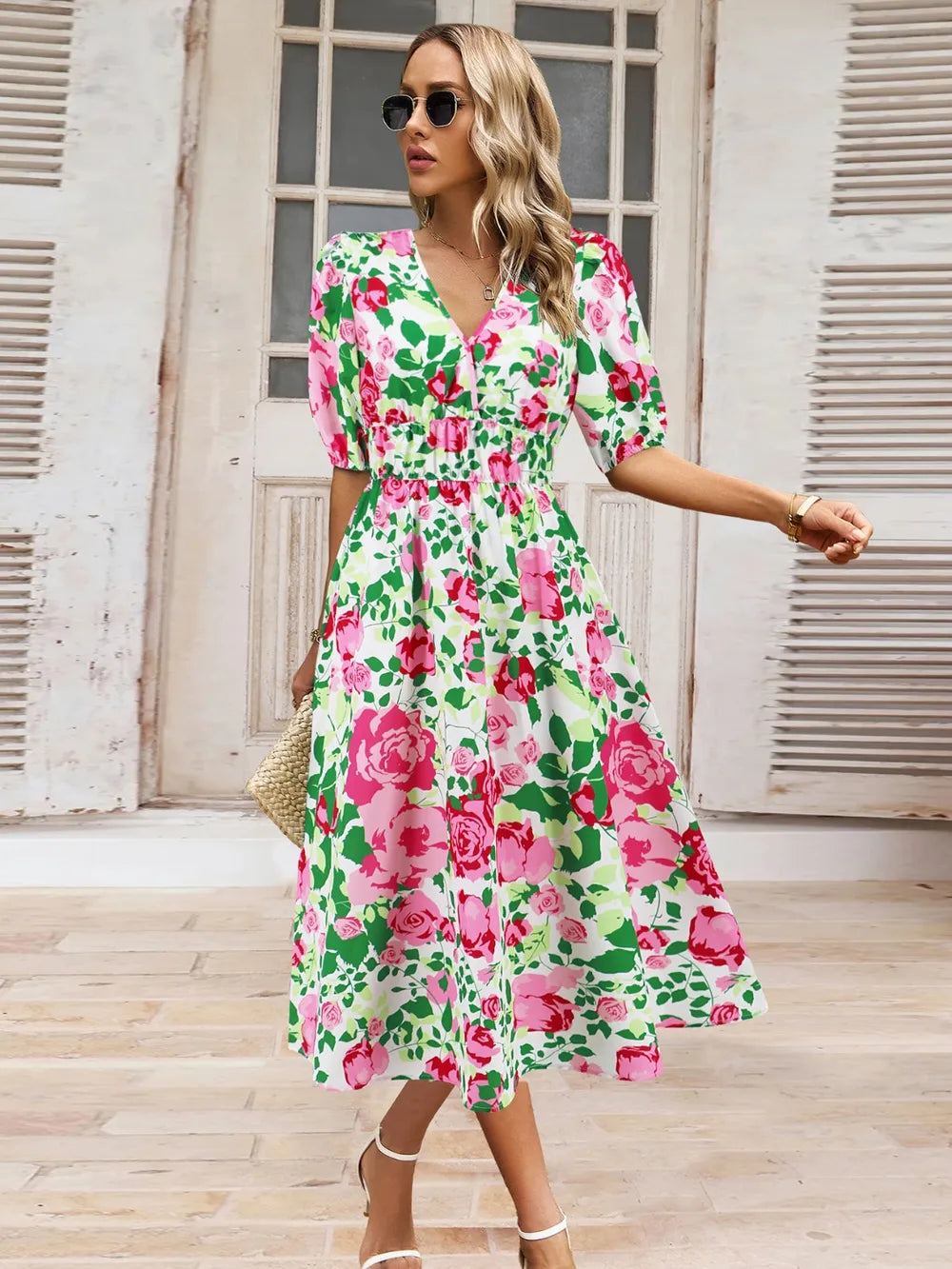 Women's Ruched Print Surplice Midi Dress