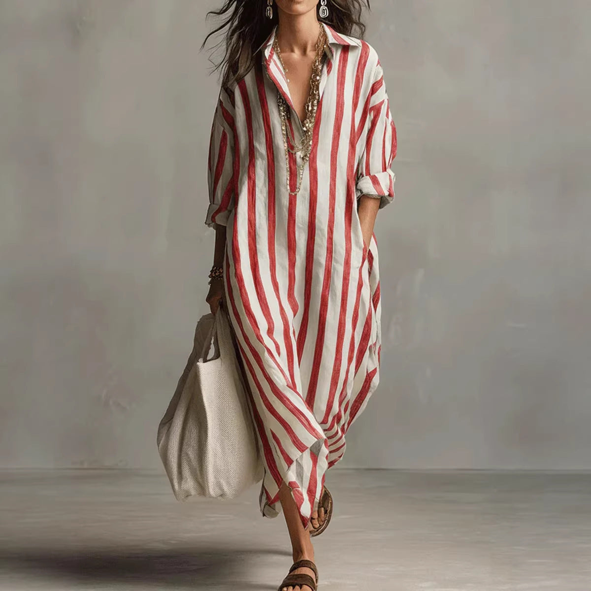 Women's Striped V-Neck Shirt Dress