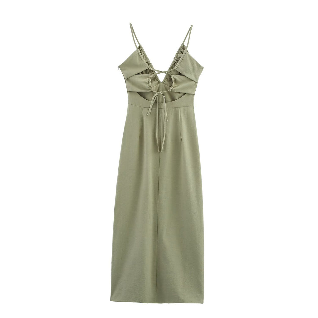 Women's Matcha Green Linen Midi Dress