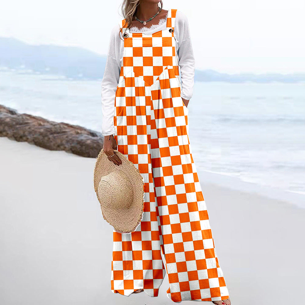 Women's Plaid Floral Backless Jumpsuit