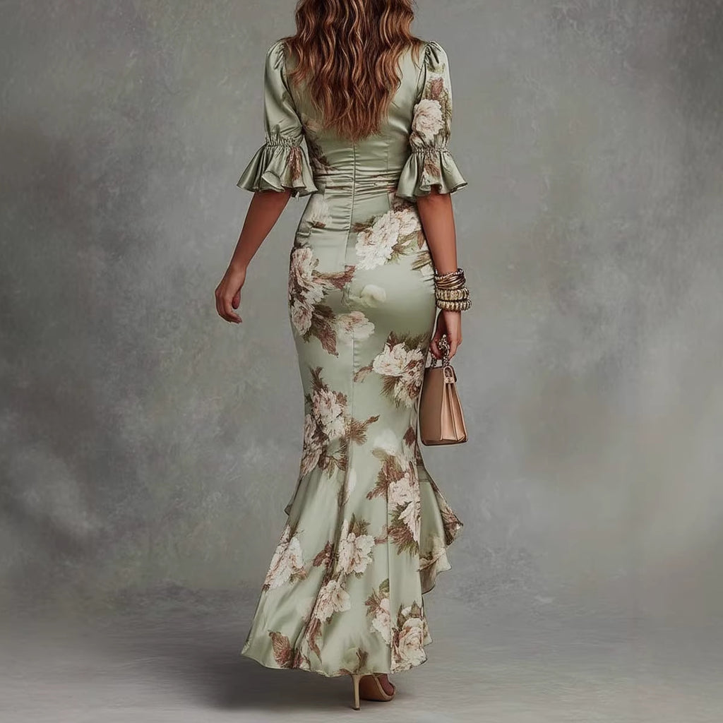 Women's Floral V-Neck Ruffle-Hem Maxi Dress