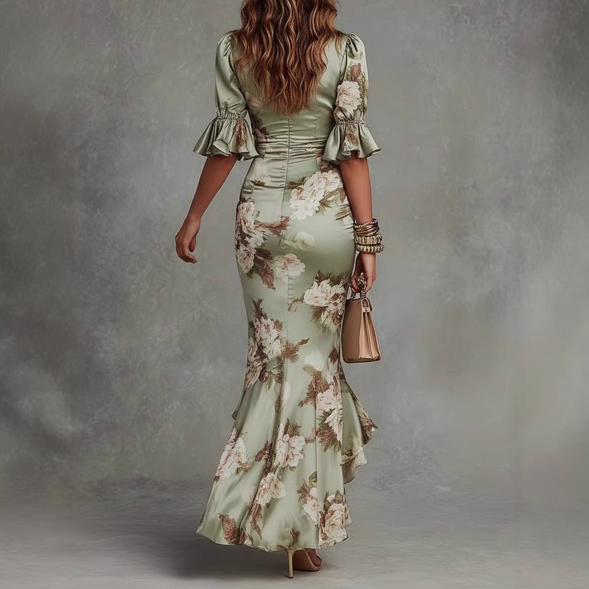 Women's Floral V-Neck Ruffle-Hem Maxi Dress