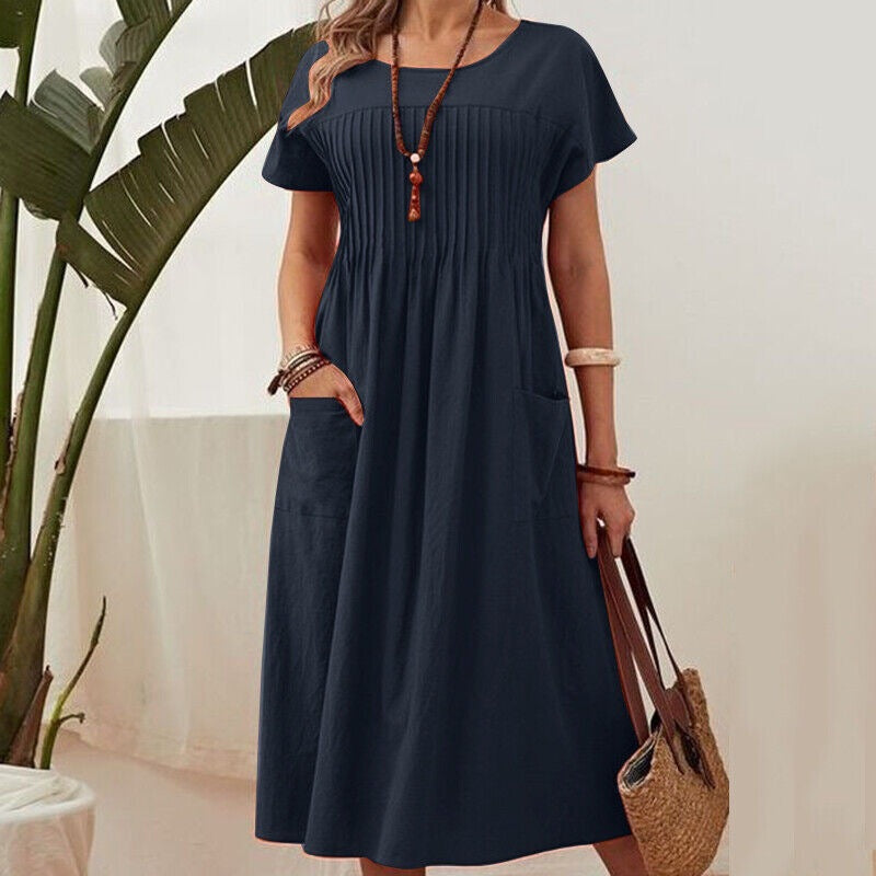Summer  Women's Long Dress New Pure Color Pocket Pleated Short Sleeve Dress