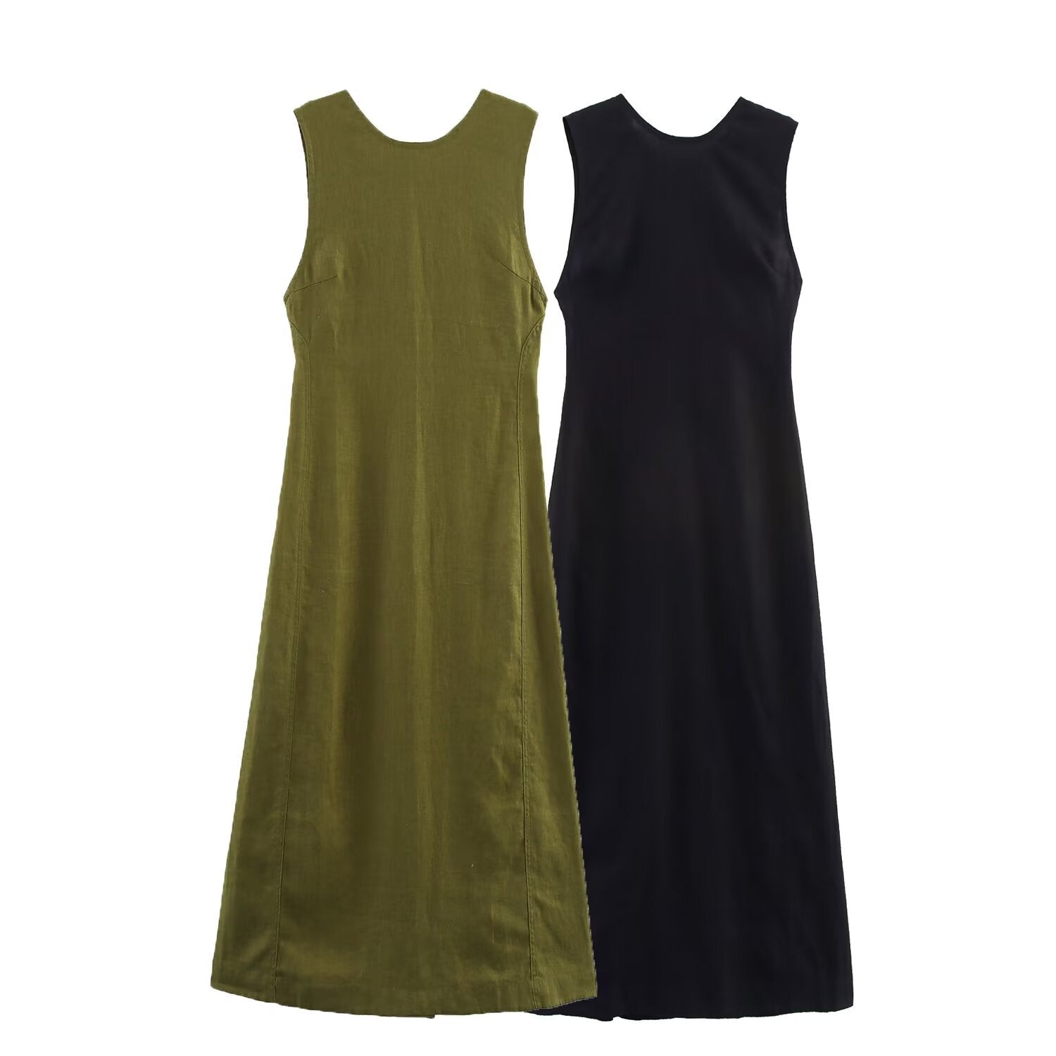 Women's Military Green Linen Midi Dress