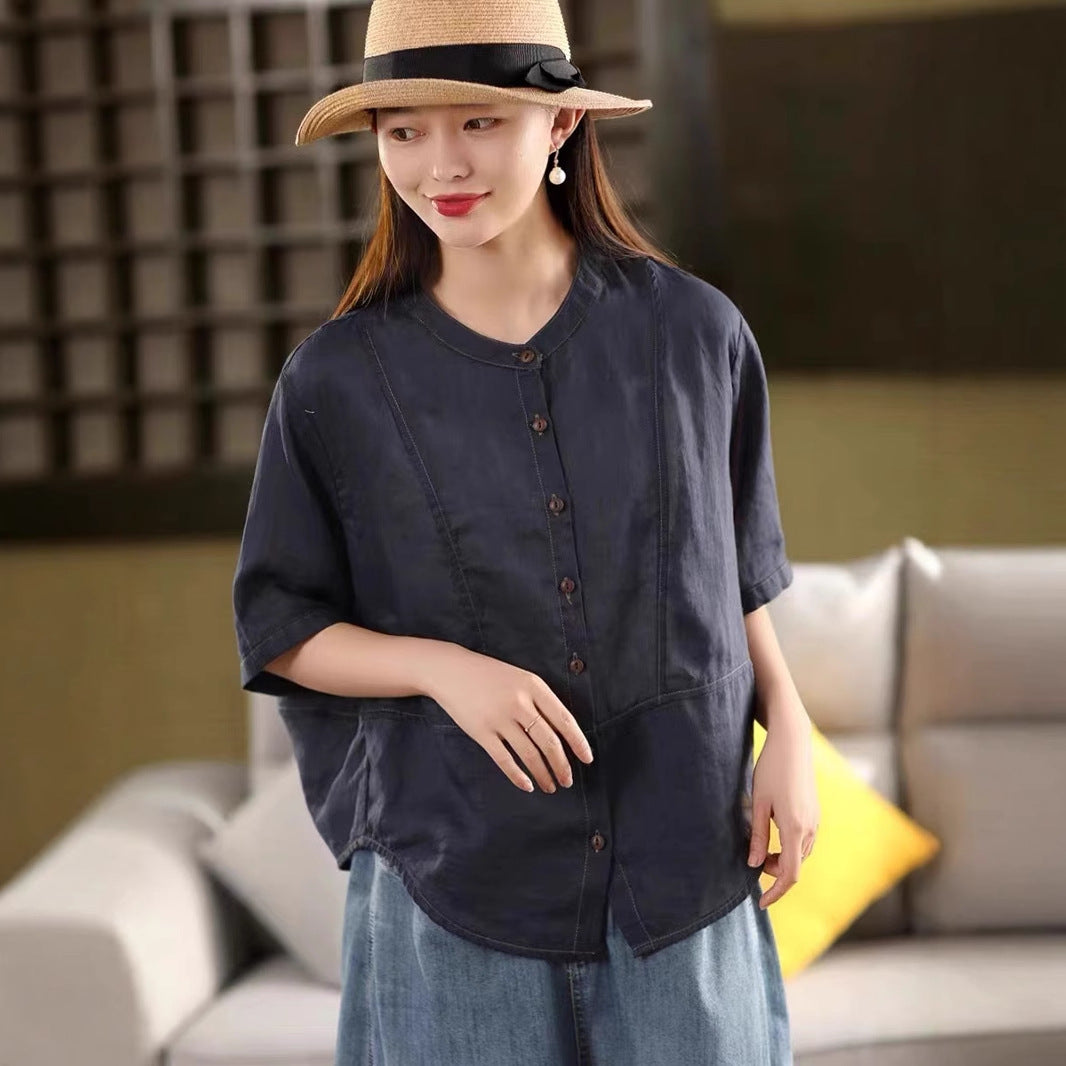 Women's Ramie Stand-Collar Mid-Sleeve Blouse