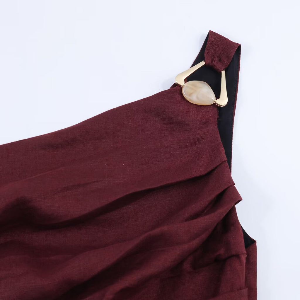 Women's Asymmetric Fluted Strap Linen Dress